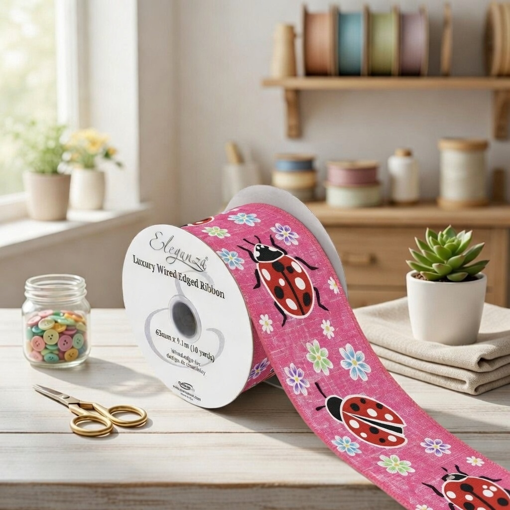 Wired ribbon - Ladybird on Pink